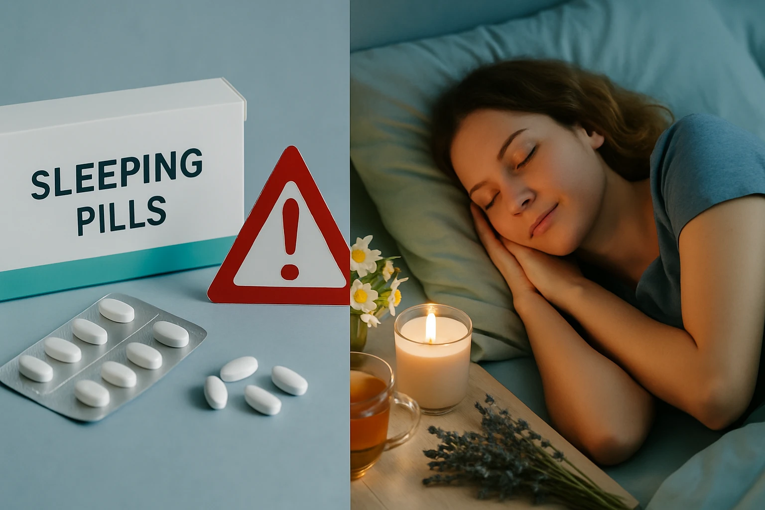 Egy doboz altatópillával és figyelmeztető táblával, mellette egy alvó nő.