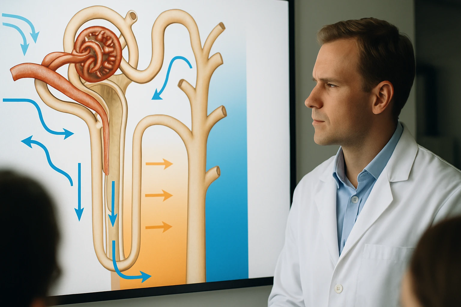 Egy orvos figyelmesen nézi a képernyőn látható anatómiai ábrát, amely a légzőrendszert mutatja be.
