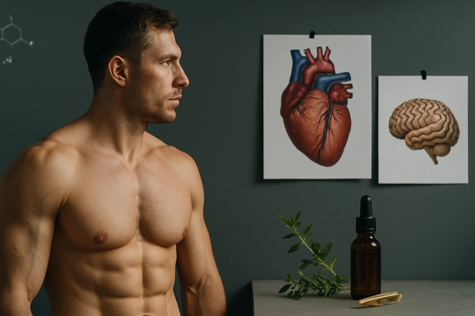 Egy férfi profilja látható, mellette anatómiai poszterek a szív és az agy ábrázolásával.