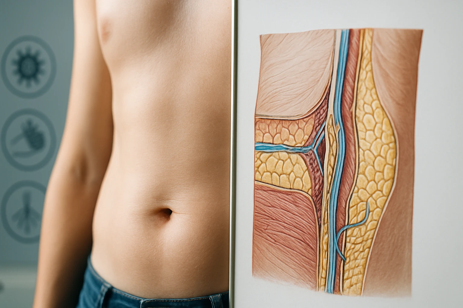 Egy emberi has részlete, mellette egy anatómiai illusztráció a bőr alatti szövetekről.