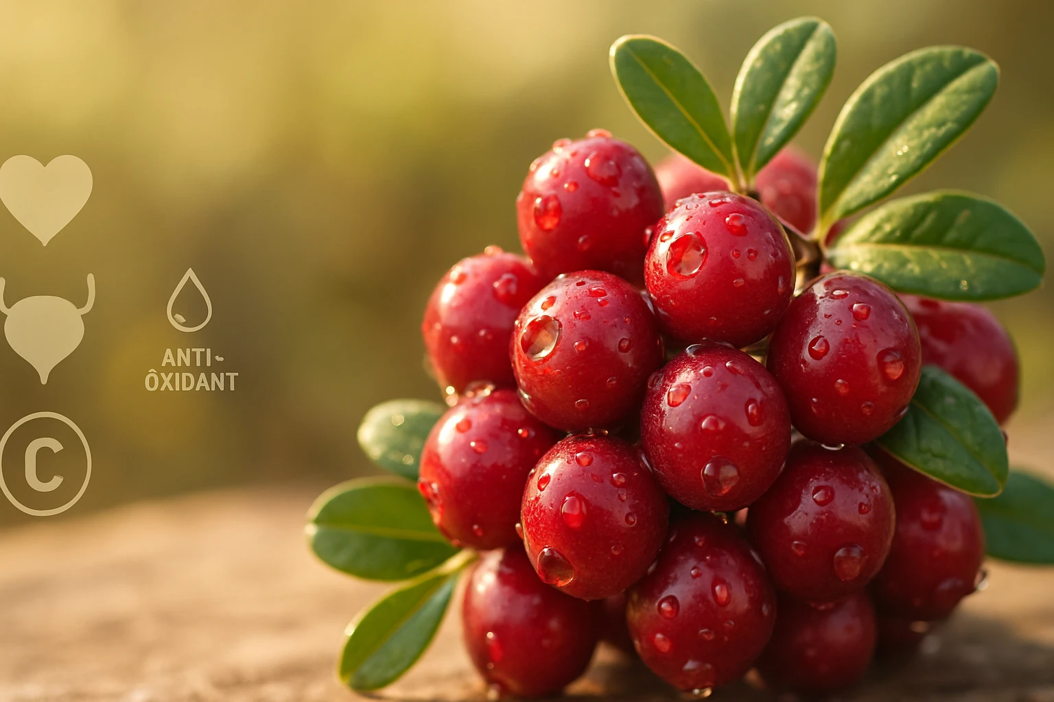 Friss, vízcseppekkel borított piros bogyók, zöld levelekkel körülvéve.