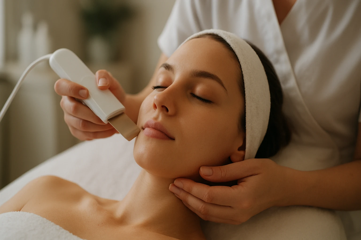 Egy nő arcbőrét kezelik egy modern szépségápolási eszközzel, miközben relaxál.