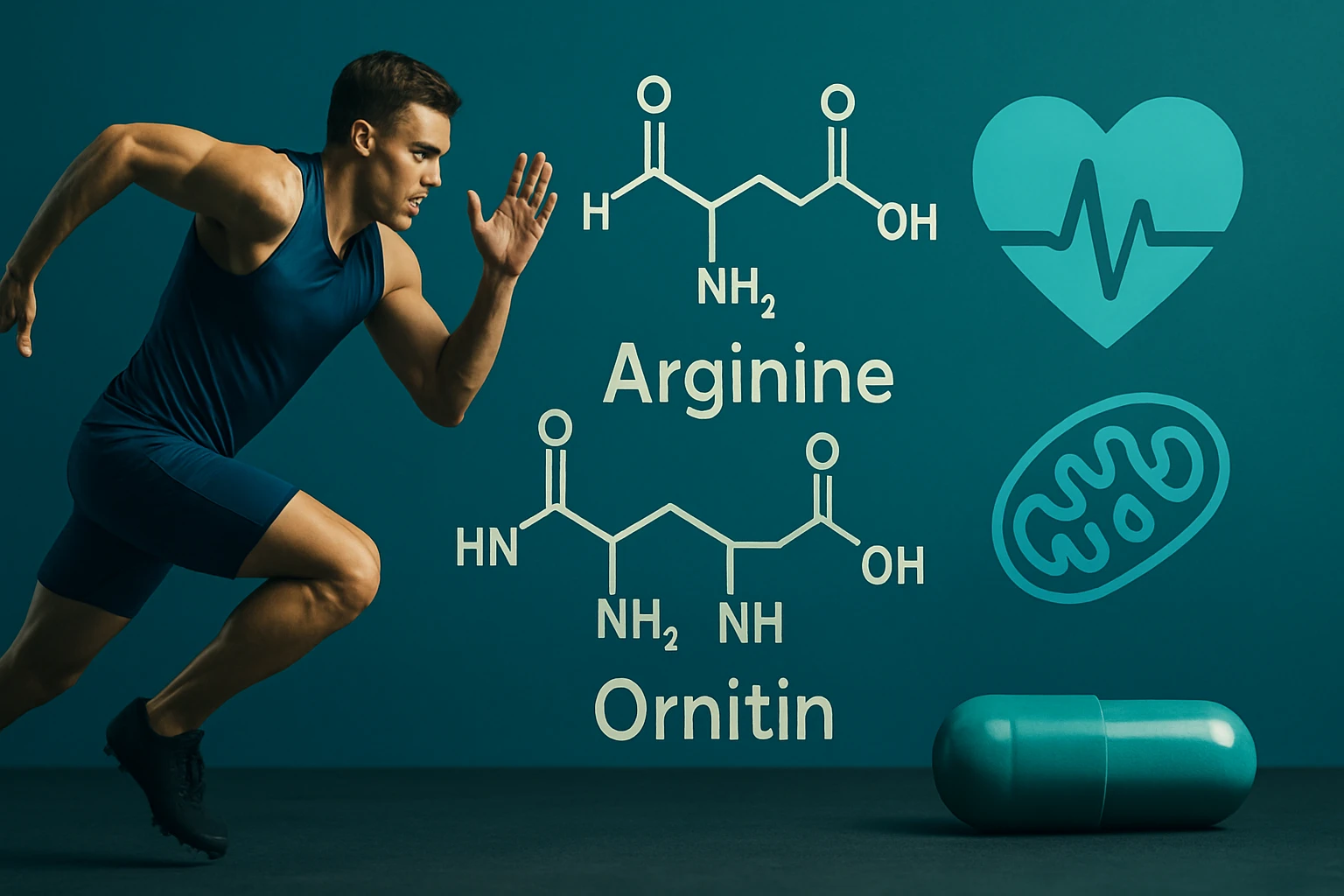 Egy sportoló futás közben, háttérben arginin és ornitin molekulák ábrázolásával.