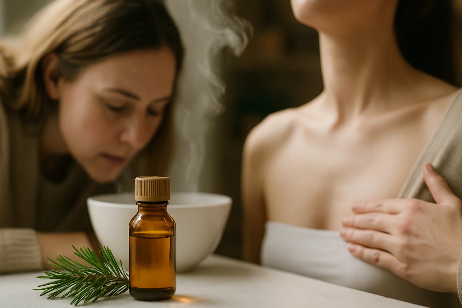 Két nő relaxál egy aromaterápiás kezelés során, gőzölő tál mellett.