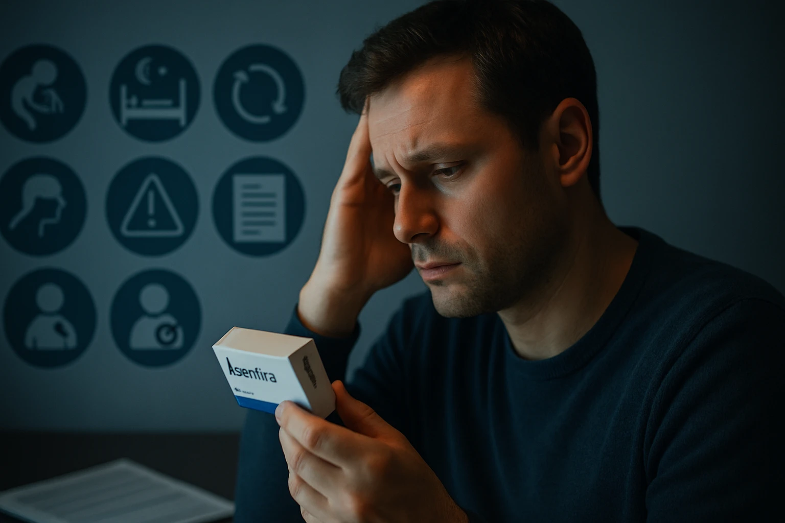 Egy férfi aggódva nézi az Asentira gyógyszer dobozát, háttérben egészségügyi ikonokkal.