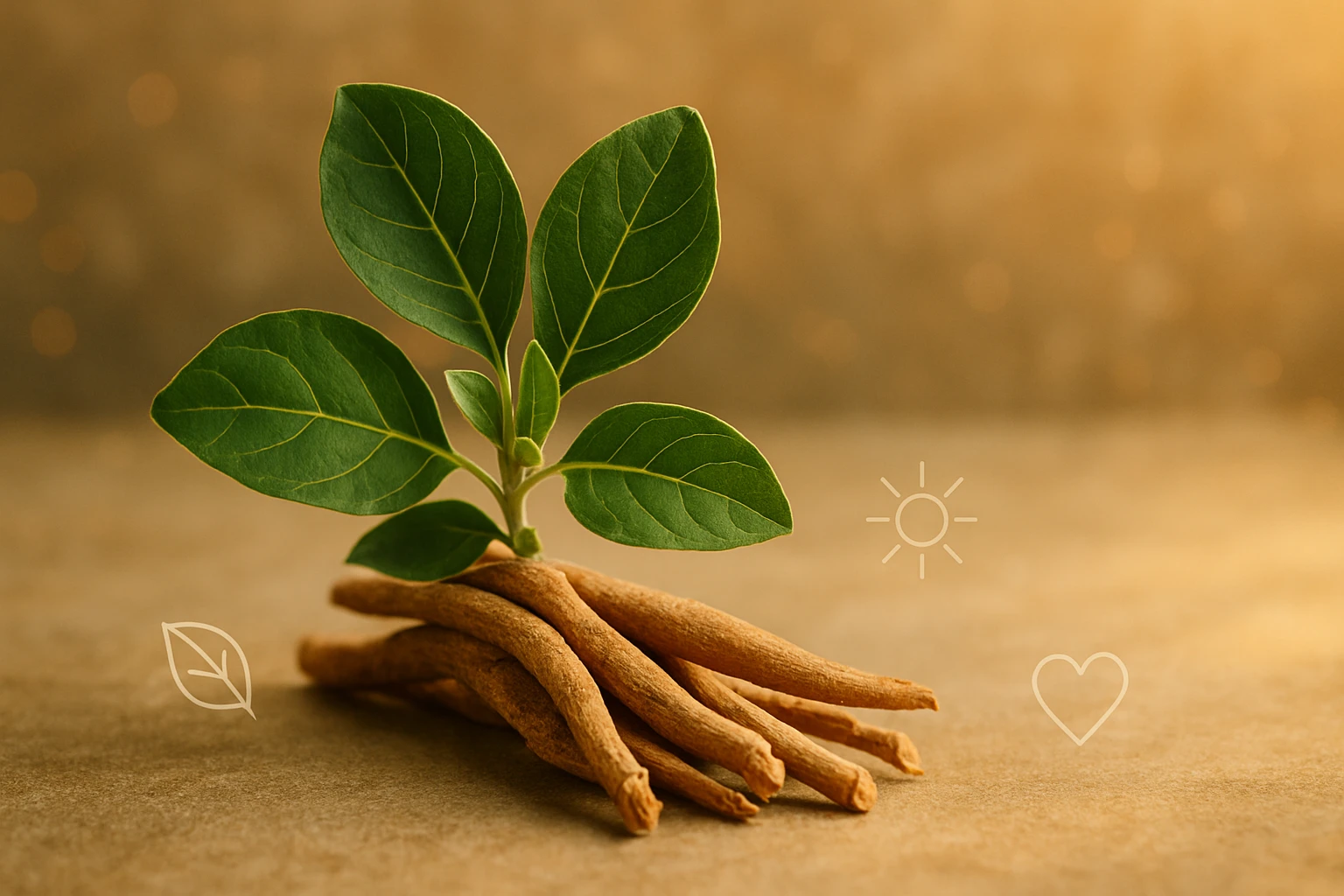 Egy ashwagandha növény gyökerei és levelei, természetes háttér előtt.