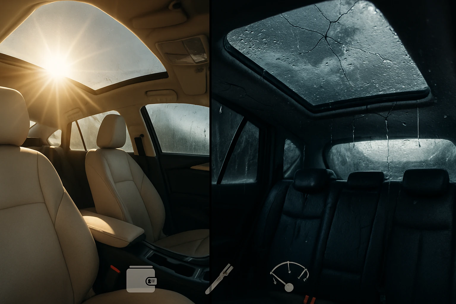 Egy autó belső tere, bal oldalon napfény, jobb oldalon eső és párás ablakok.