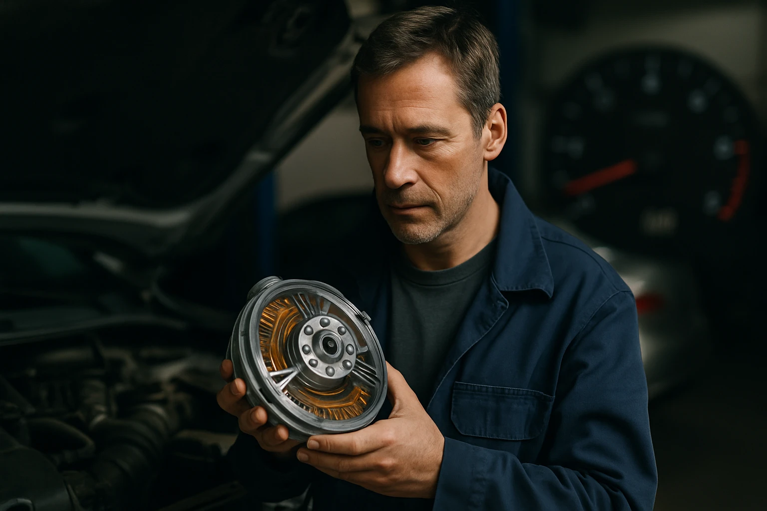 Egy férfi a műhelyben egy autóalkatrészt, valószínűleg turbótartót, vizsgál.