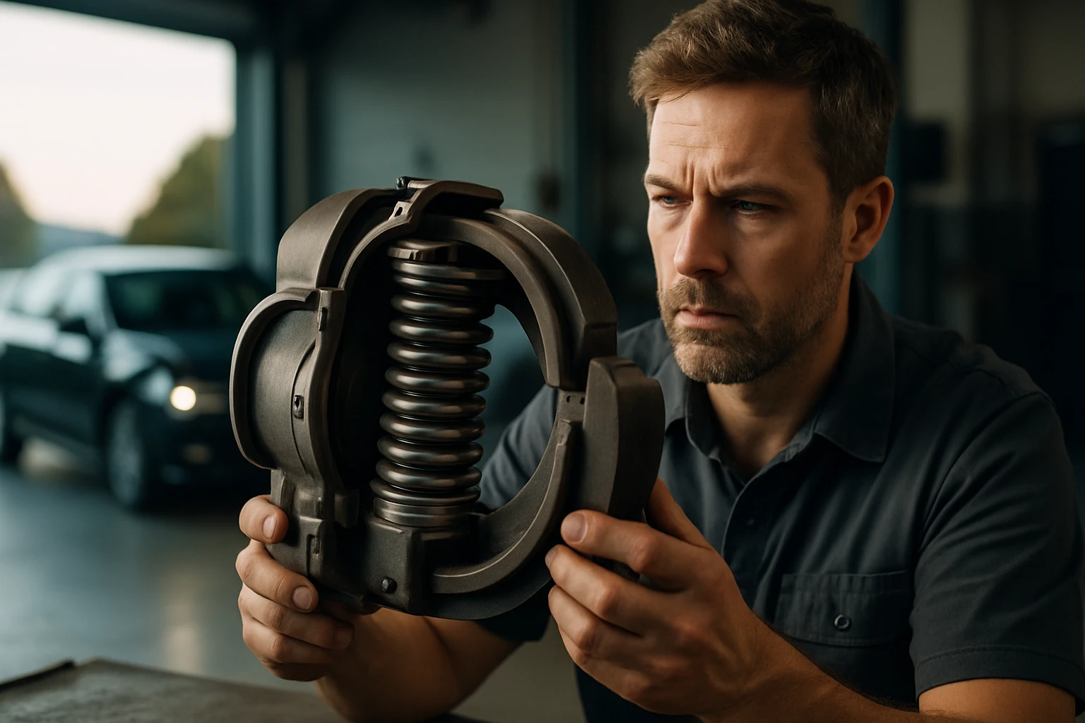 Egy férfi alaposan megvizsgál egy autóalkatrészt, amely egy rugós mechanizmust tartalmaz.