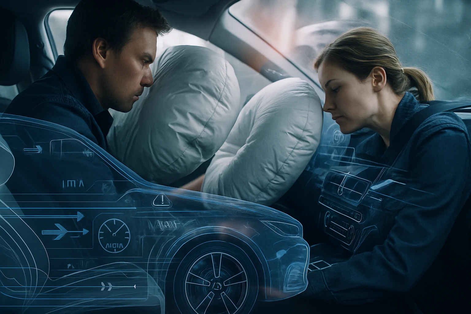 Két ember ül egy autóban, az egyikük a légzsákra hajtja a fejét, a másik figyelmesen néz.