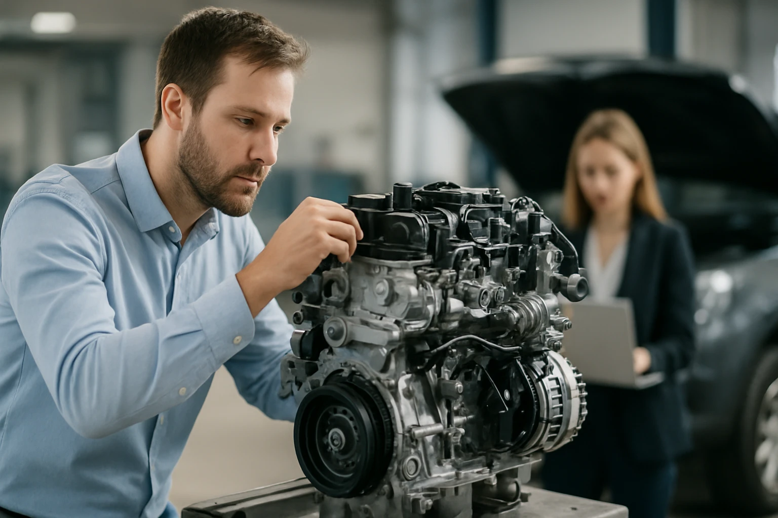 Egy férfi autómotorral dolgozik, miközben egy nő laptopot használ a háttérben.