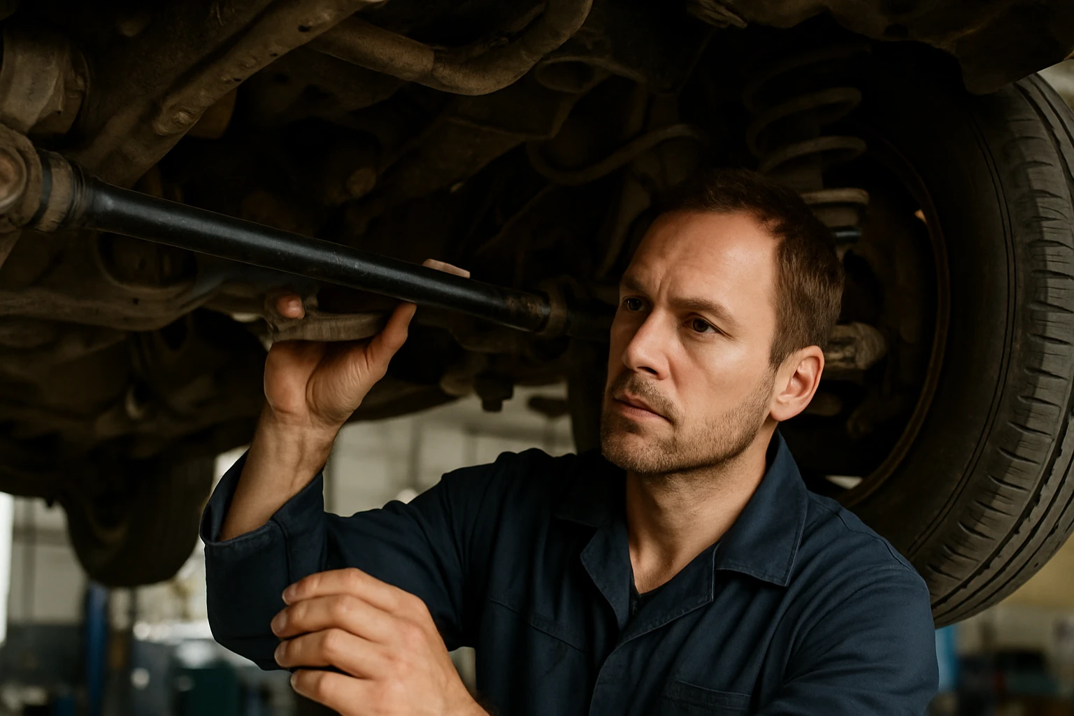 Egy férfi autószerelő munkát végez egy autó alatt, figyelmesen ellenőrzi a felfüggesztést.