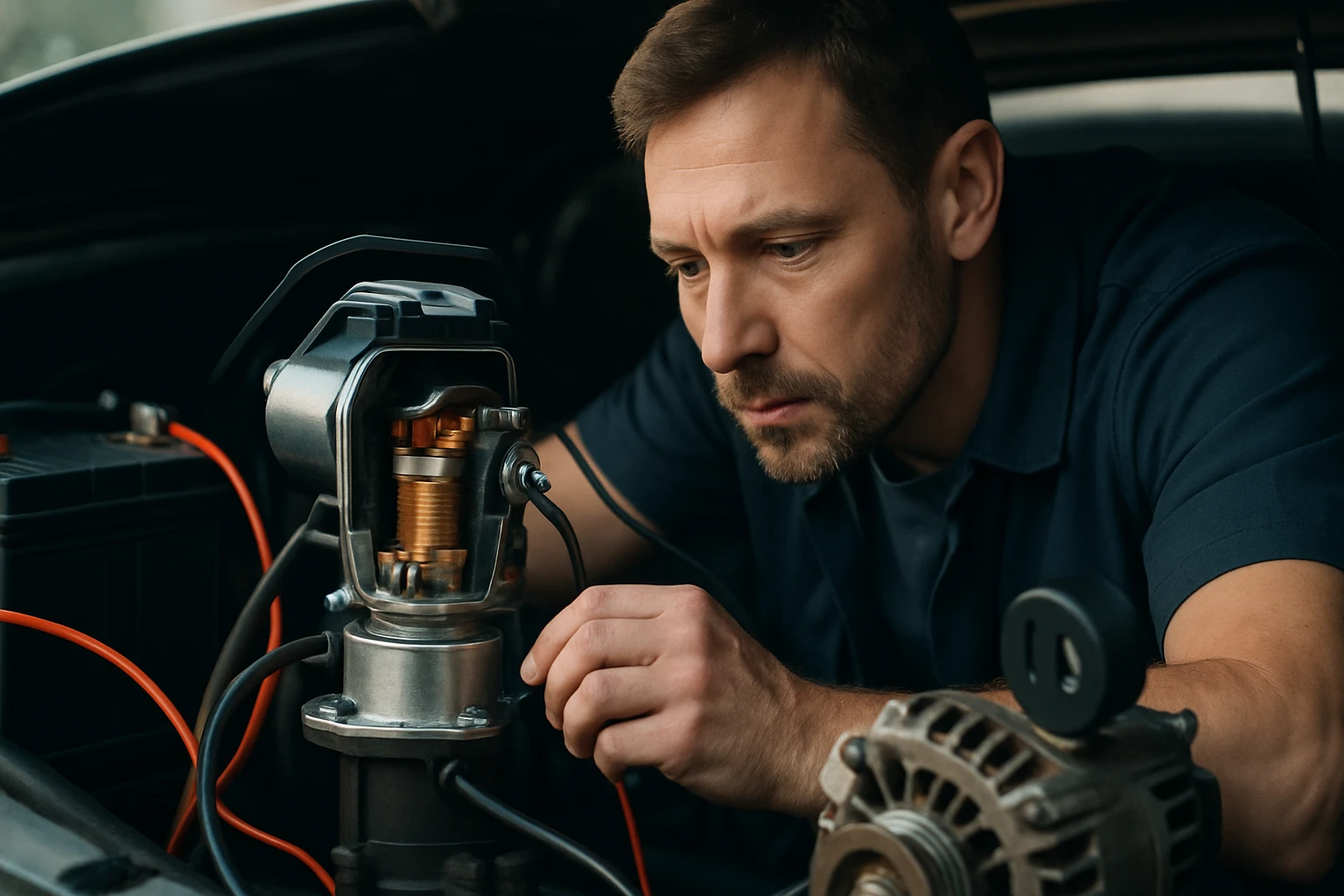 Egy férfi autószerelő a motorháztető alatt dolgozik, figyelmesen ellenőrzi a gyújtótekercset.