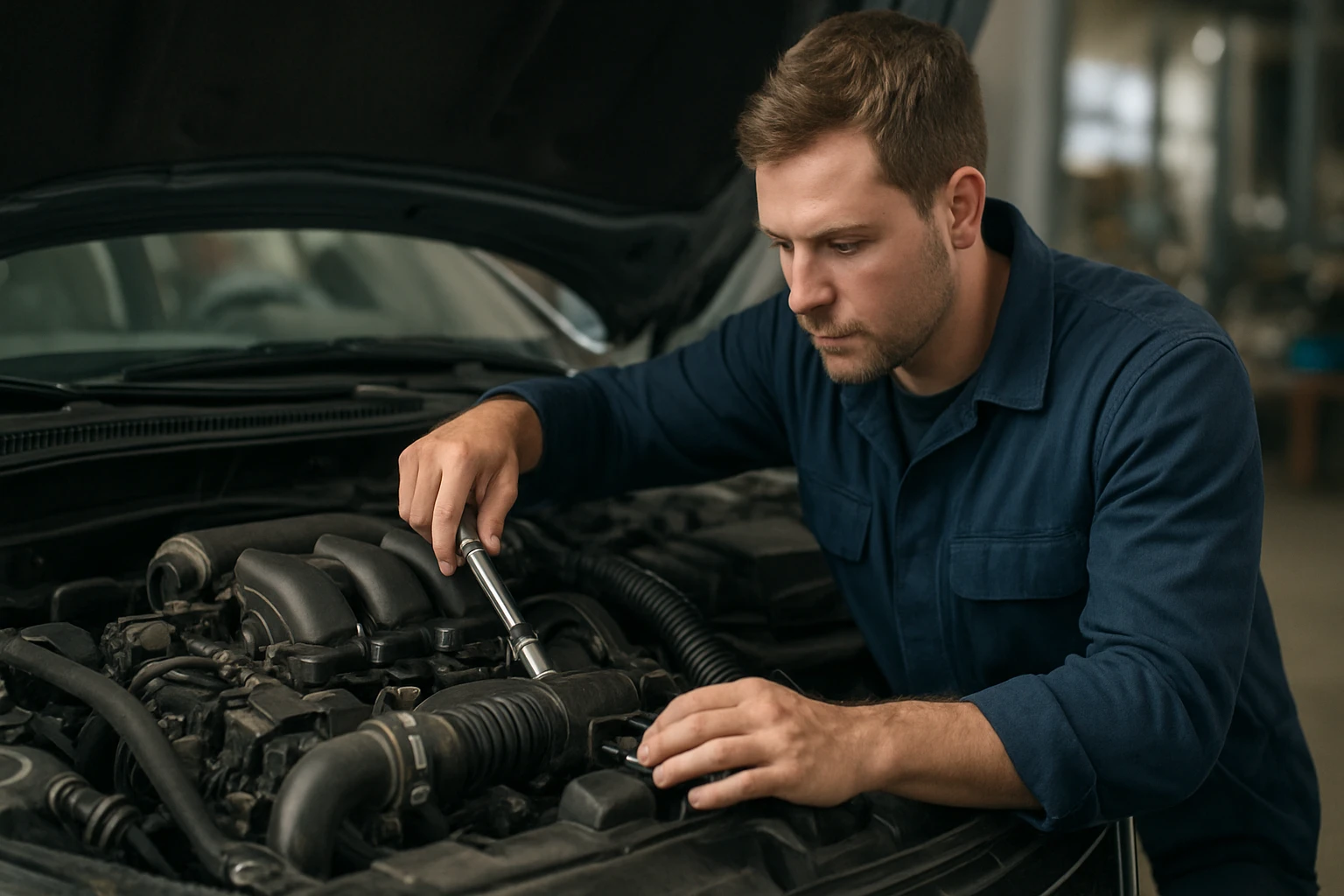 Egy férfi autószerelő szerszámot használva vizsgálja az autó motorját.
