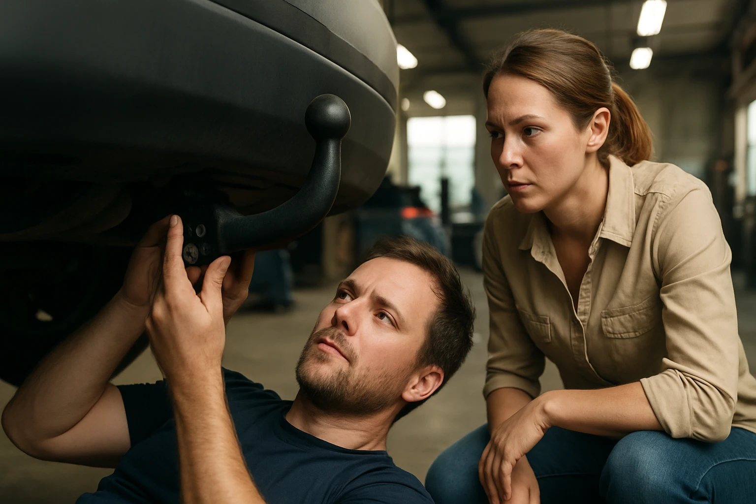 Egy férfi a kocsijának vonóhorogját szereli, míg egy nő figyelmesen nézi.
