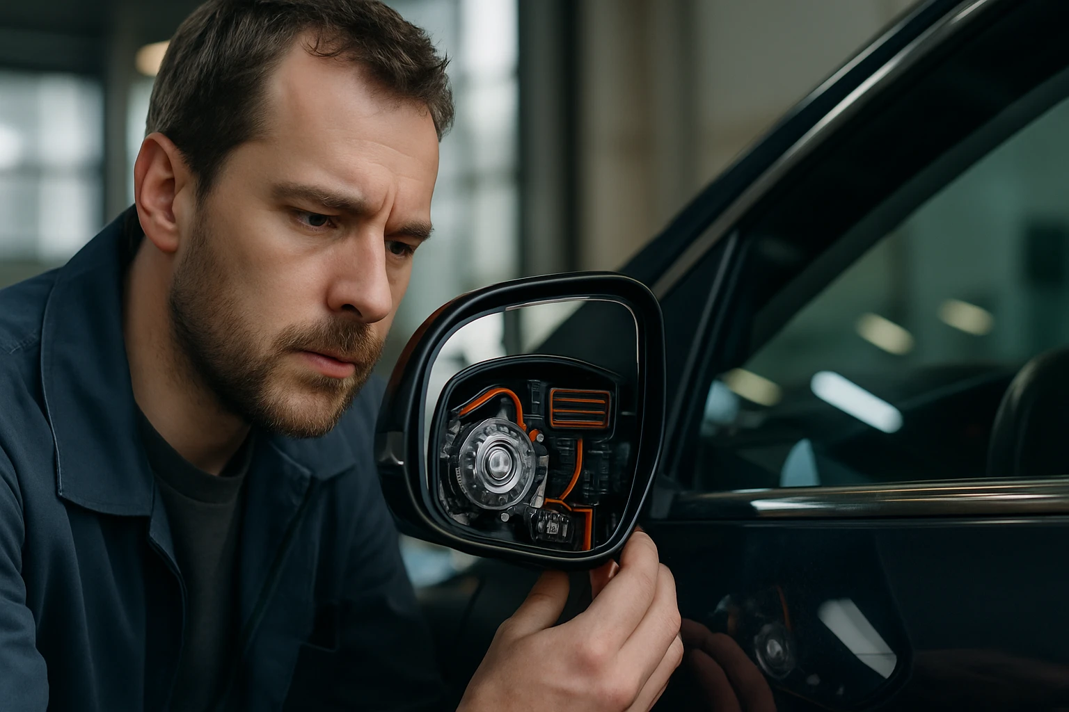 Egy férfi figyelmesen vizsgálja egy autó tükör belső szerkezetét.