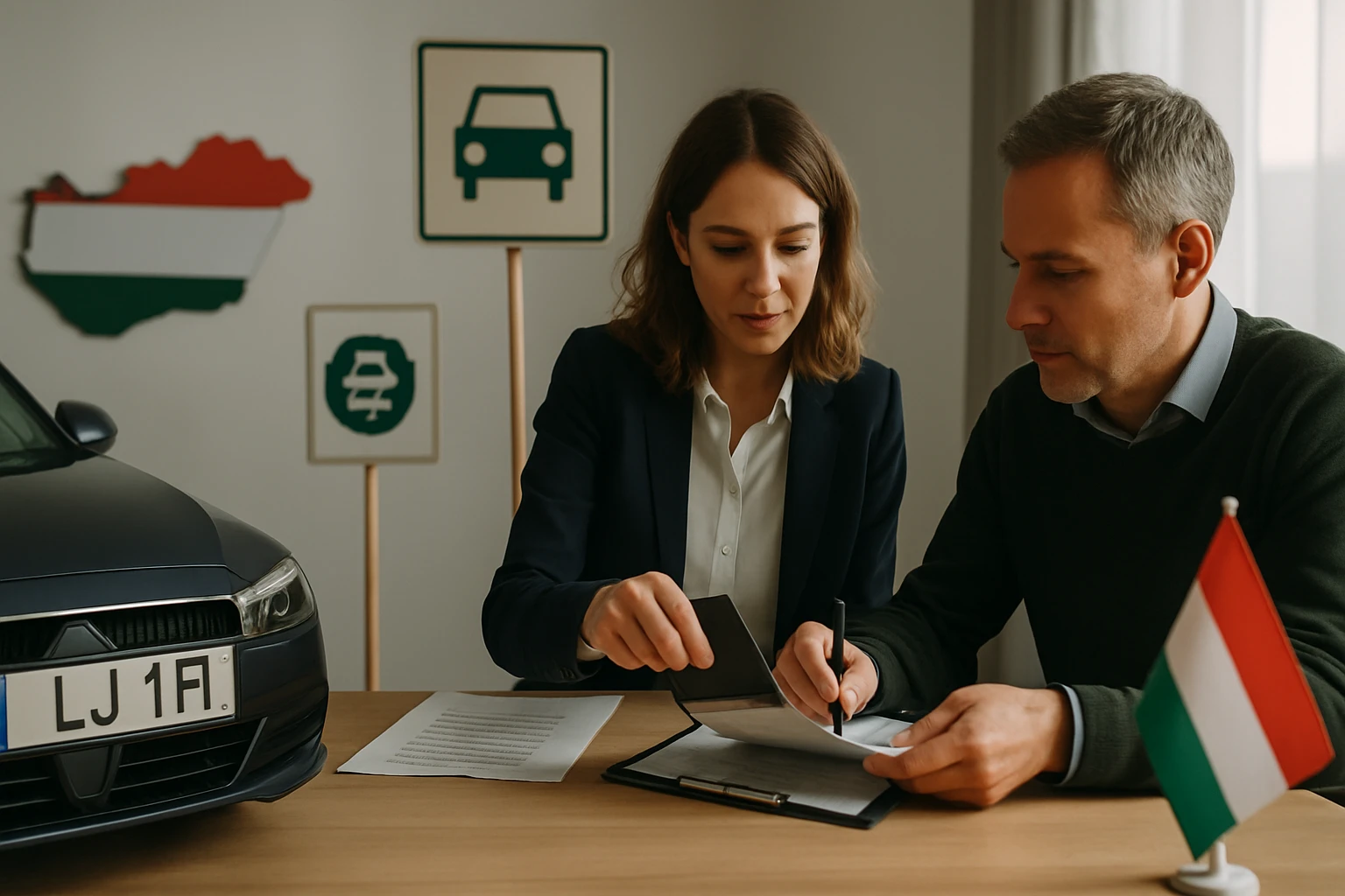 Két ember, egy férfi és egy nő, autóvásárlási szerződést írnak alá egy irodában.