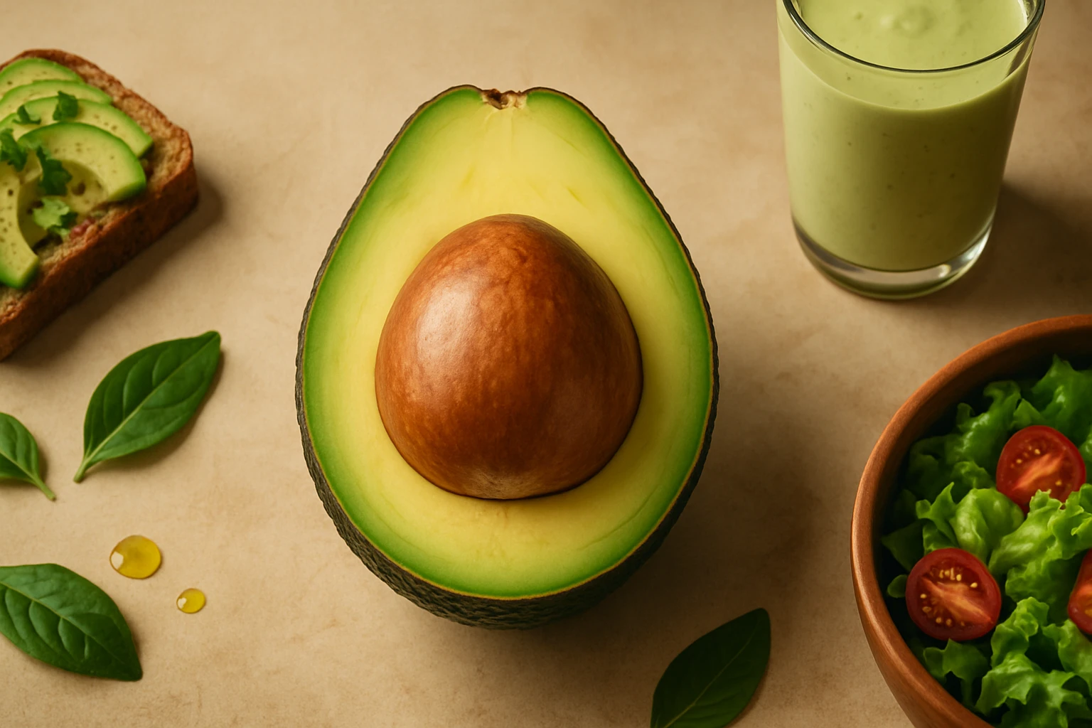 Félbevágott avokádó, mellette avokádós kenyér, saláta és zöld turmix.