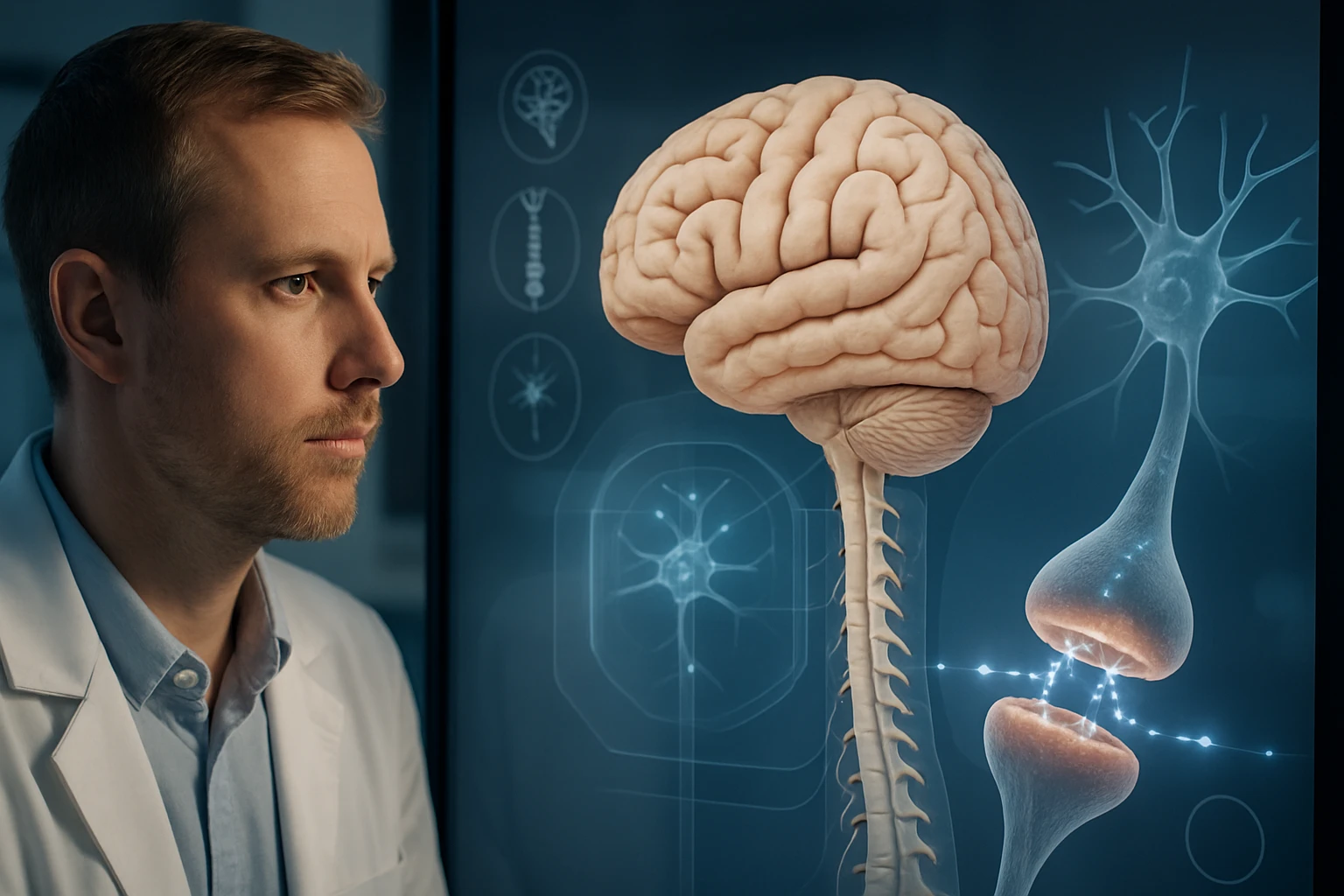 Egy férfi orvos figyel egy agy és idegsejtek 3D-s ábrázolására.