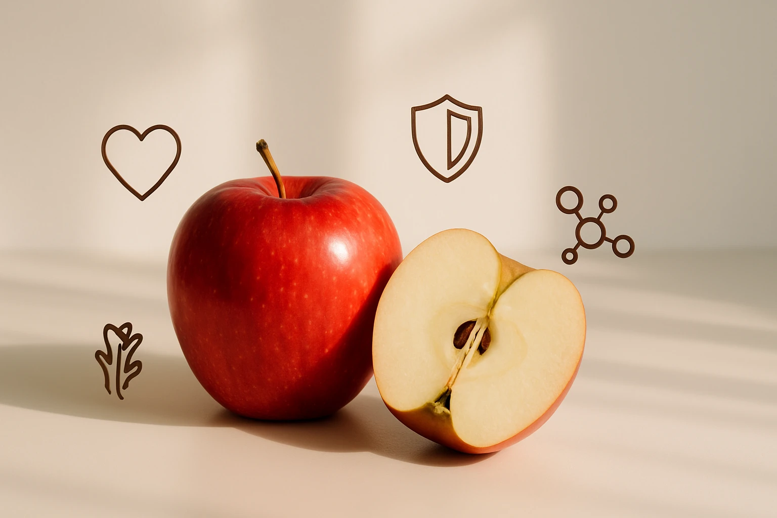 Egy piros alma, amelynek fele fel van szeletelve, háttérben szimbólumokkal.