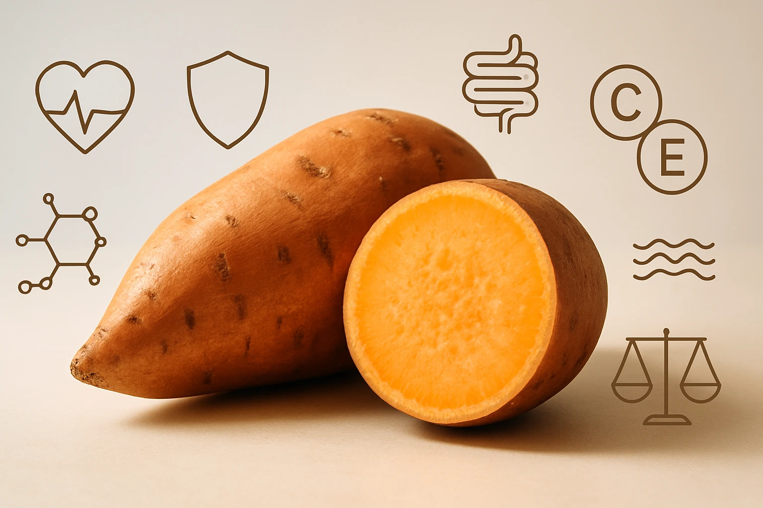 Két édesburgonya, az egyik félbevágva, háttérben egészségi ikonokkal.