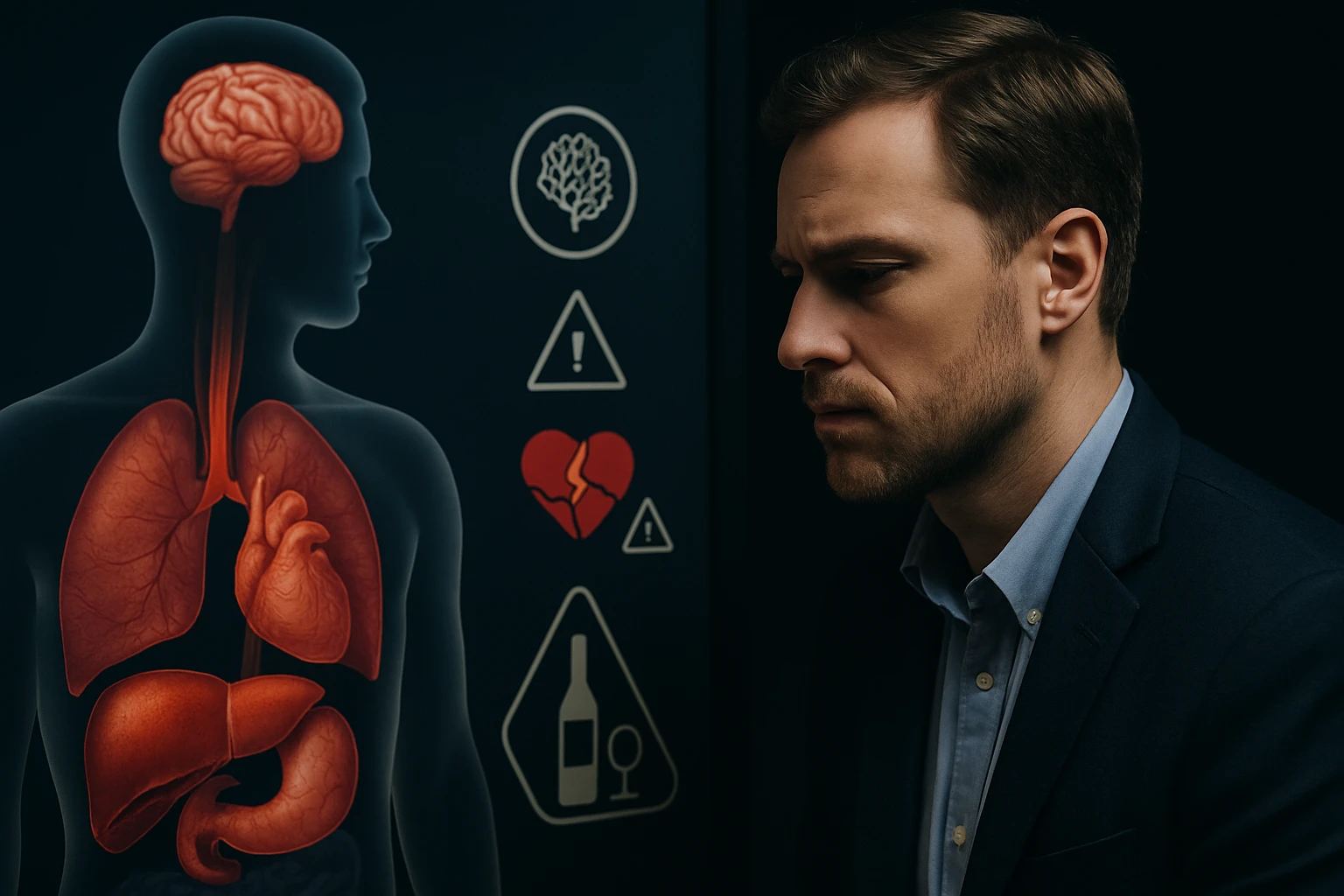 Egy férfi melankolikusan néz egy emberi testet ábrázoló grafikára, amely a belső szerveket és figyelmeztetéseket mutat.