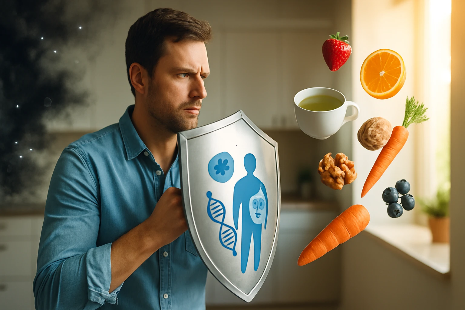 Egy férfi pajzsot tart, miközben egészséges ételek lebegnek körülötte, mint gyümölcsök és zöldségek.
