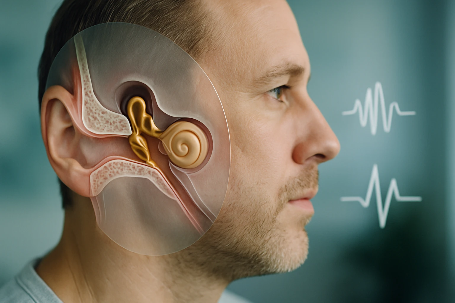 Egy férfi profilja, mellette az emberi fül belső felépítése látható, kiemelve a hallószerveket.