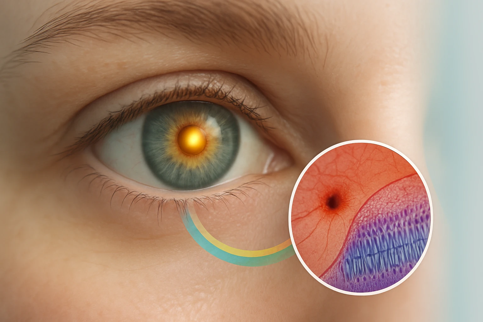 Egy emberi szem részletes képe, amelyben a pupilla körüli színek és textúrák láthatók.