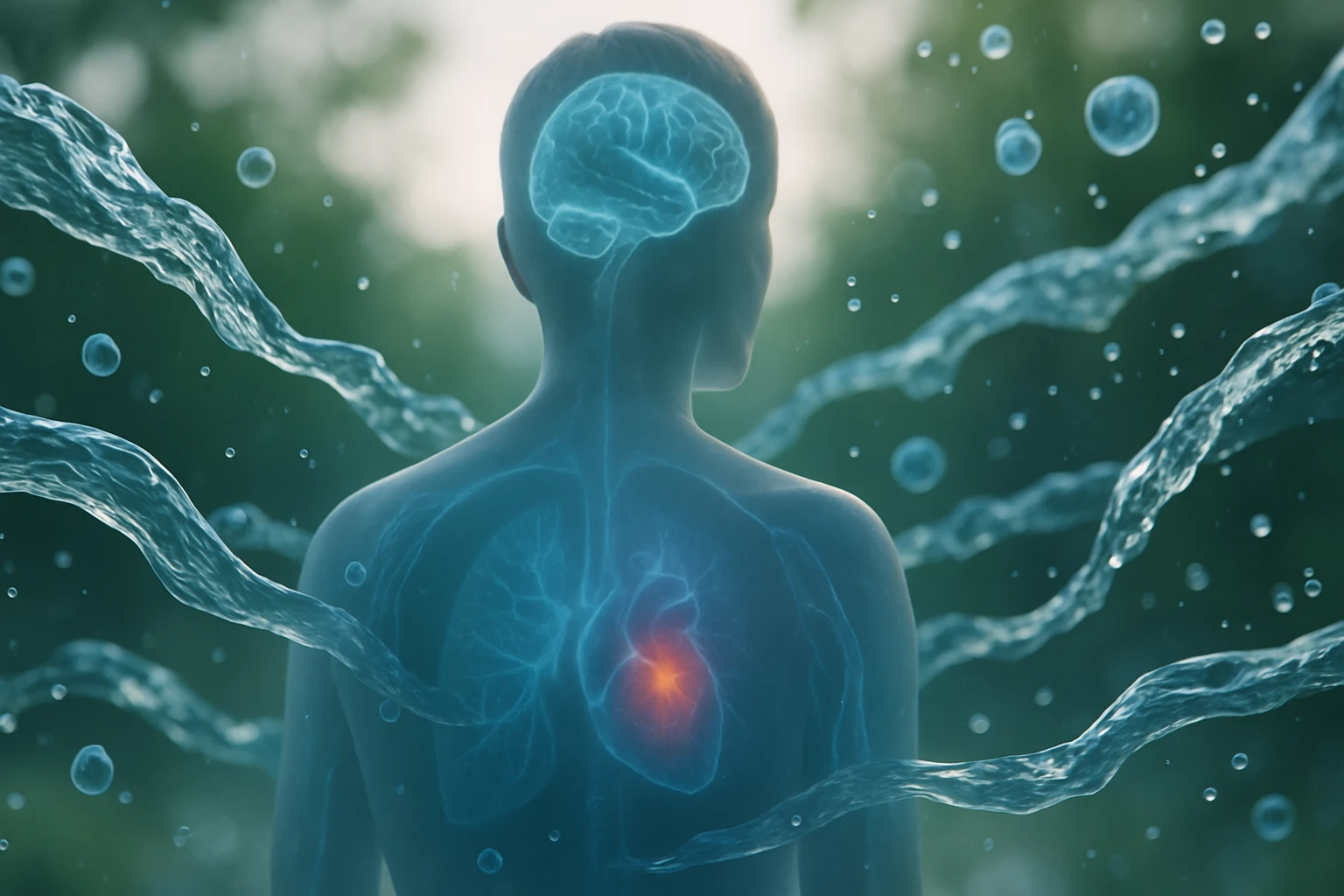 Egy emberi test hátulról, látható agy, szív és tüdő, vízsugarak körülötte.