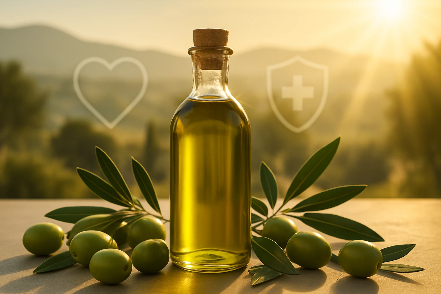 Egy üveg olívaolaj zöld olívabogyókkal és levelekkel, háttérben napfény és hegyek.