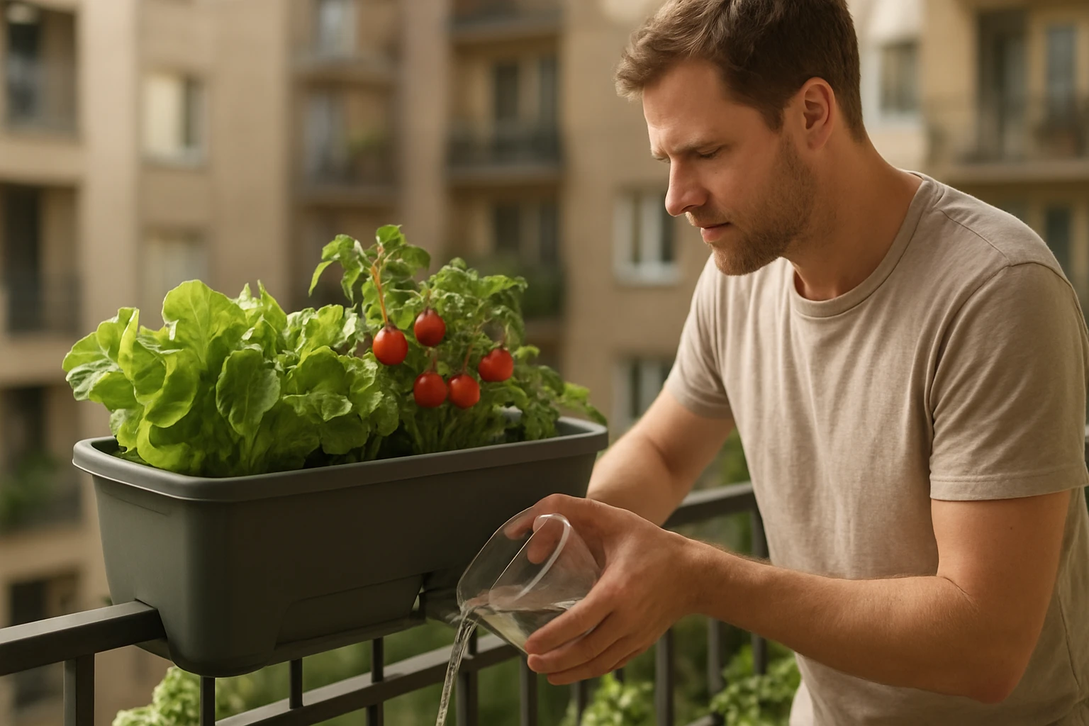 Egy férfi friss zöldségeket öntöz a balkonon, salátát és paradicsomot nevel.