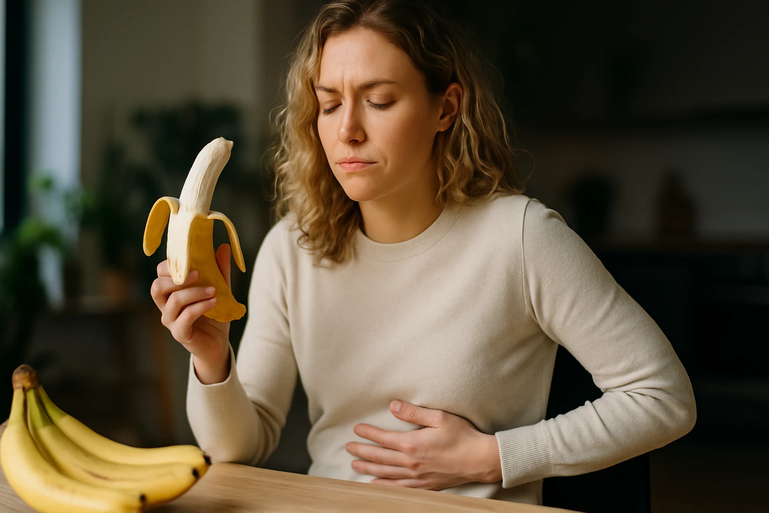 Egy nő, aki banánt tart a kezében, fájdalmas arckifejezéssel ül az asztalnál.