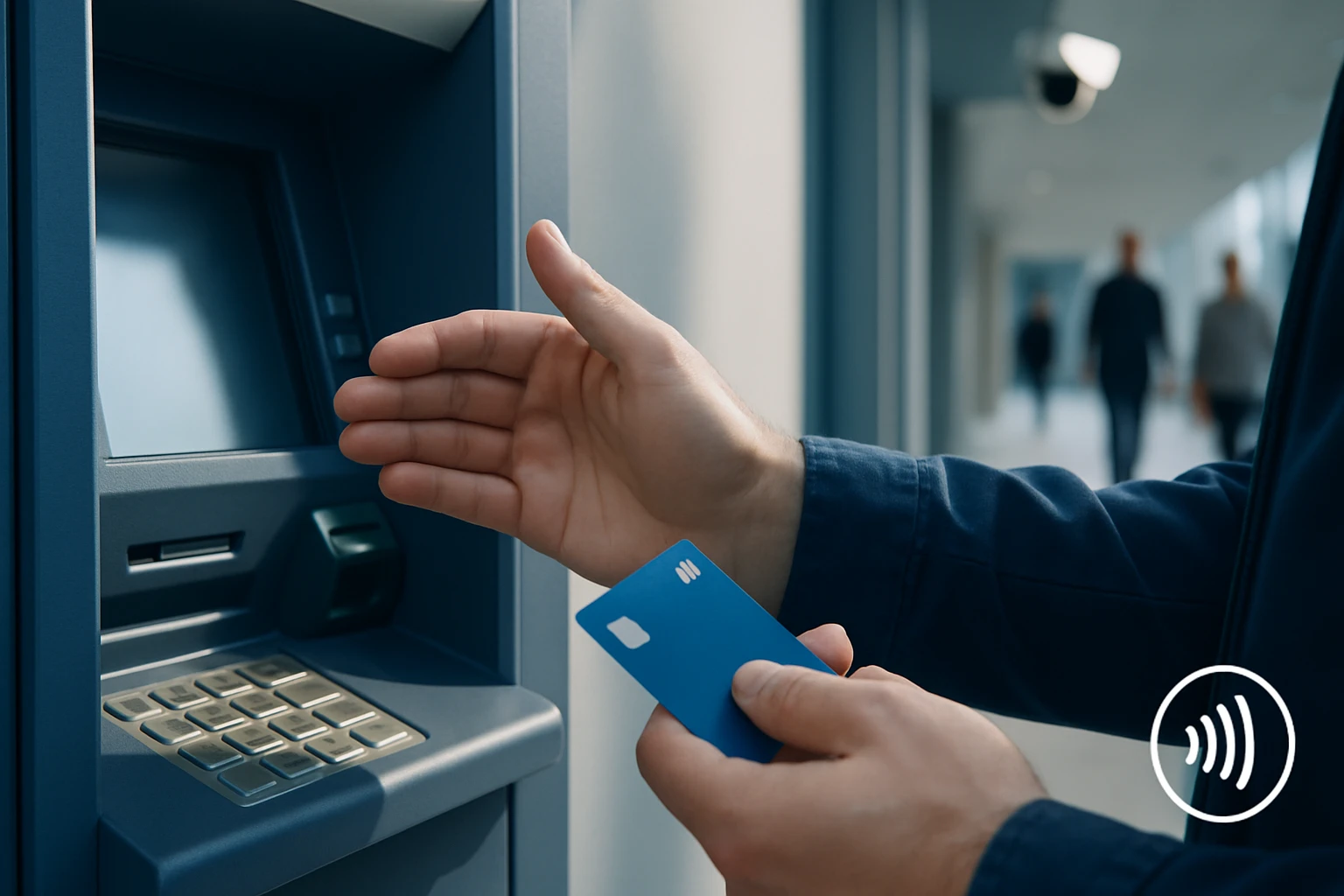 Egy férfi éppen egy bankautomata előtt áll, kezében egy kék bankkártyával.