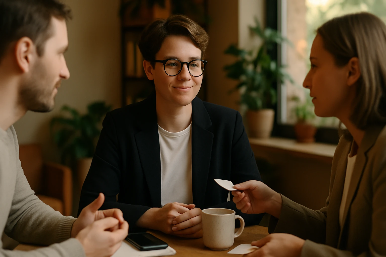 Három fiatal felnőtt beszélget egy kávézóban, a középen ülő fiú mosolyog.