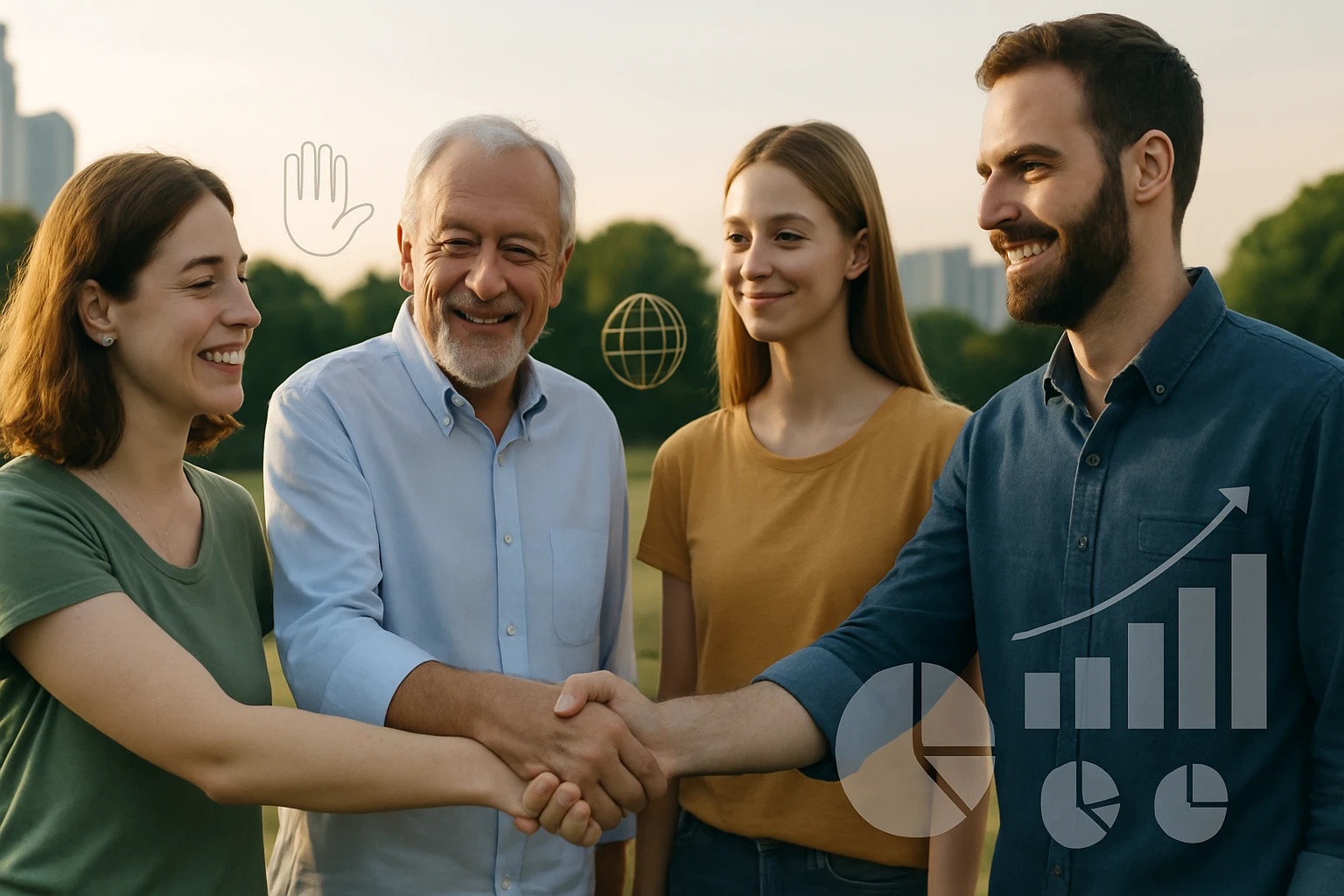 Négy ember, akik barátságosan kezet fognak egy zöld parkban, háttérben városi táj.