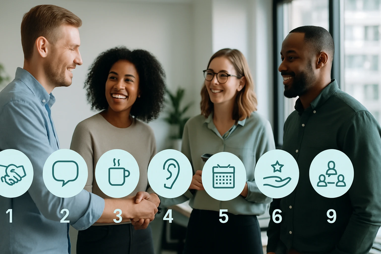 Két ember kezet fog, miközben barátságos beszélgetés folyik egy irodai környezetben.