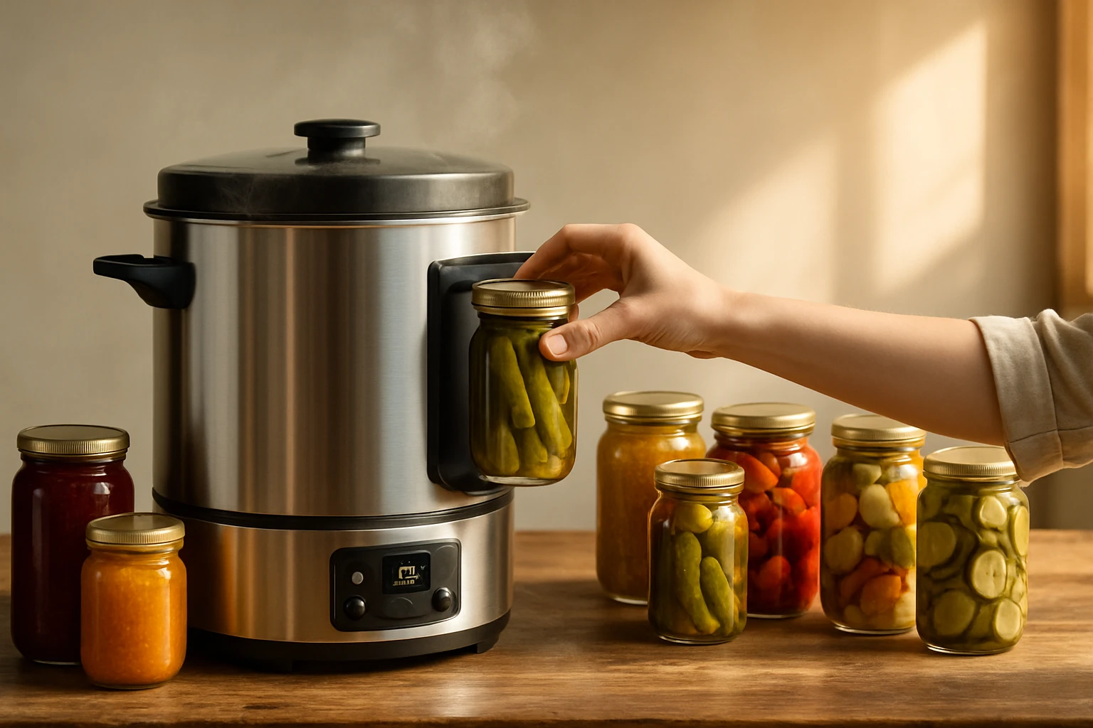Egy kéz éppen egy zöldségekkel teli üveget emel le egy gőzölgő befőző edényről.