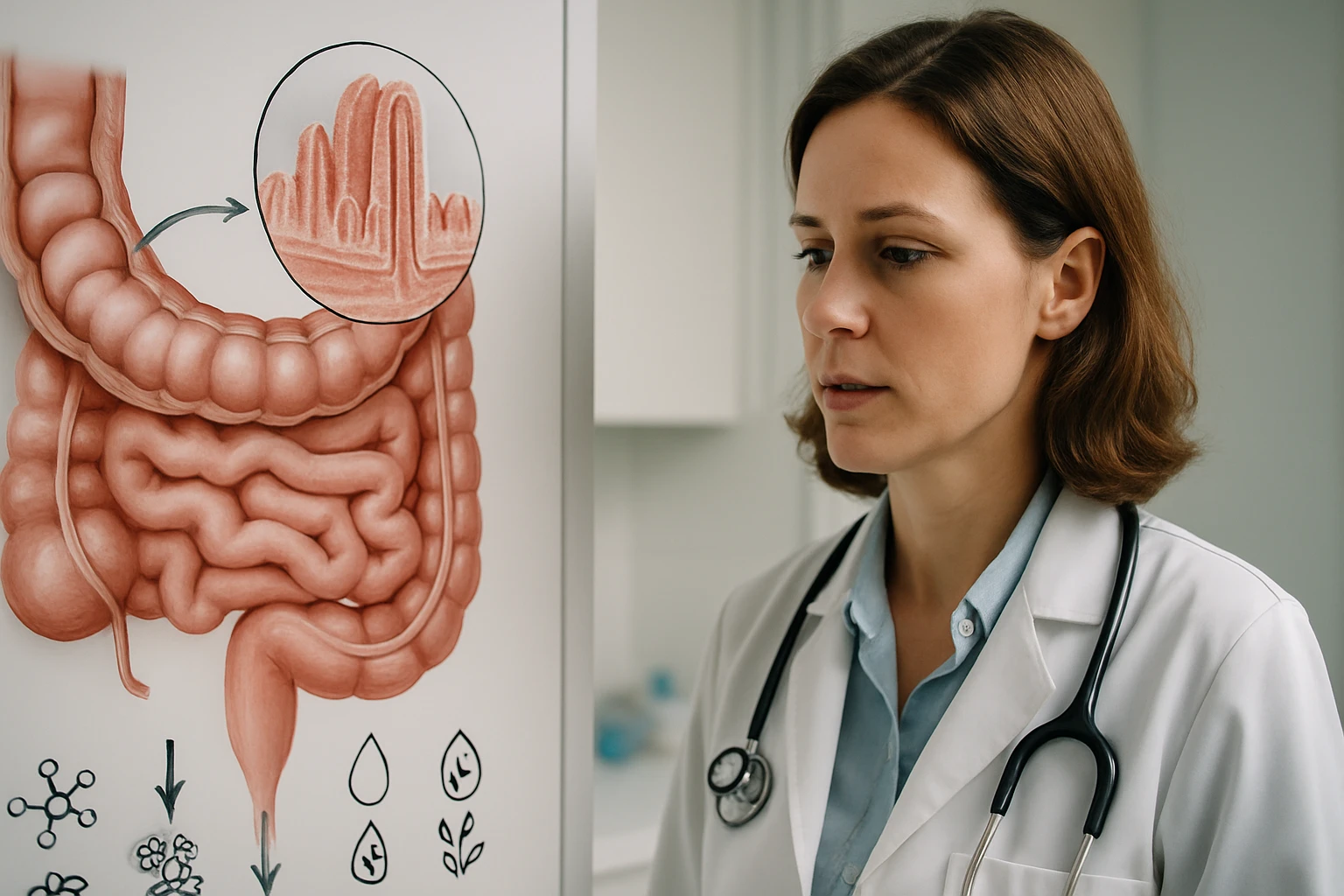 Egy orvos figyelmesen nézi a bélrendszert ábrázoló posztert, amelyen a bélbolyhok részlete látható.