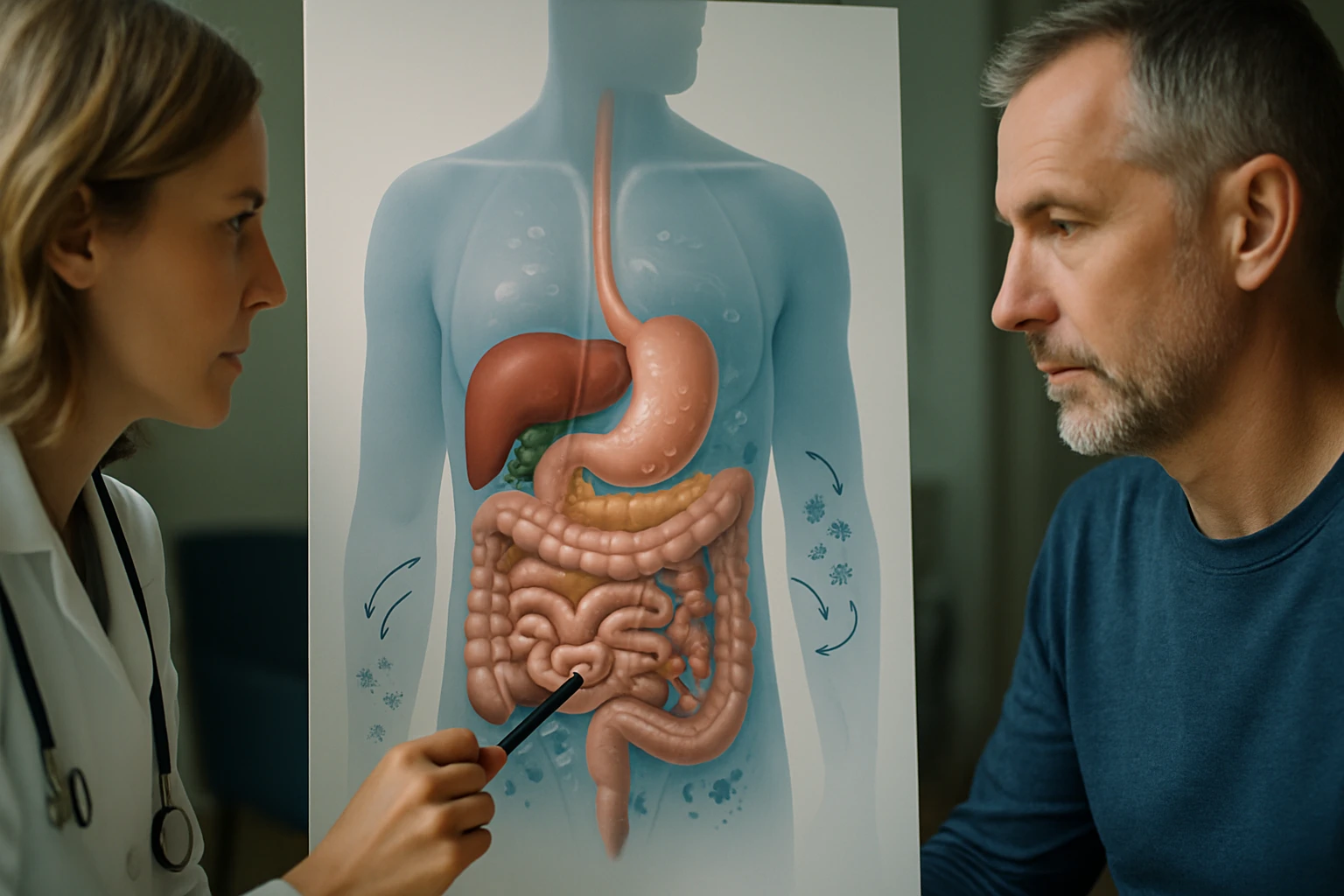 Egy orvos bemutatja a belső szerveket egy férfinak, miközben egy anatómiai poszter előtt állnak.