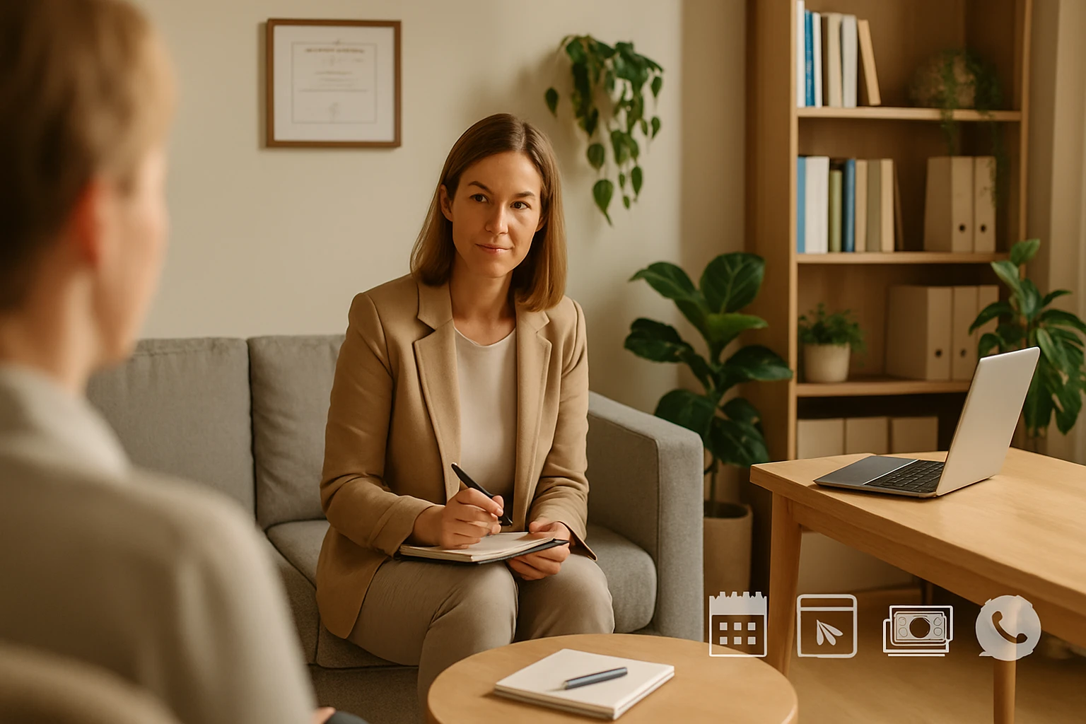 Egy nő ül egy kanapén, jegyzetel egy beszélgetés során, háttérben növények és könyvespolc.