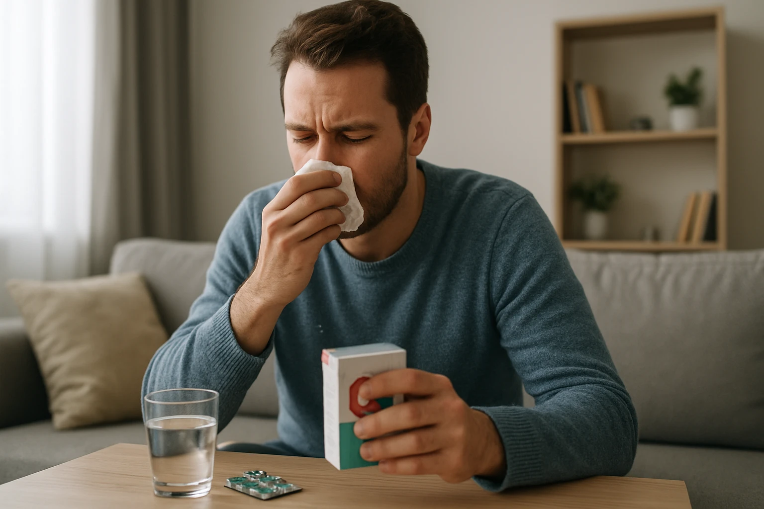 Egy férfi zsebkendőt tart az orrához, miközben gyógyszert és vizet néz.