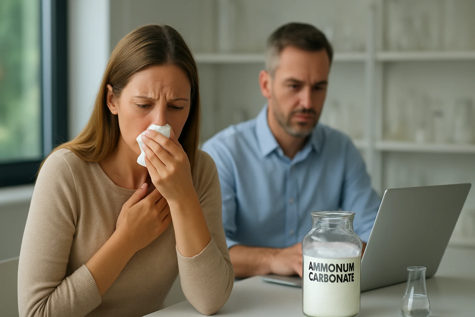 Egy nő zsebkendőt tart a szájához, láthatóan rosszul van, míg egy férfi a háttérben a laptopján dolgozik.