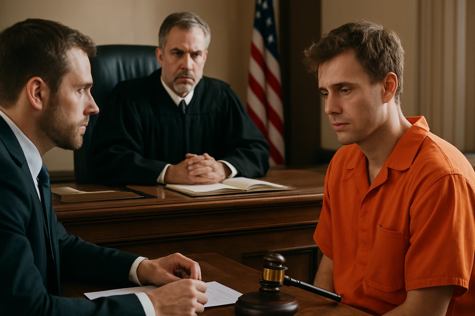 Egy bírósági tárgyalás jelenete, ahol egy vádlott narancssárga ruhában ül, mellette ügyvédje.