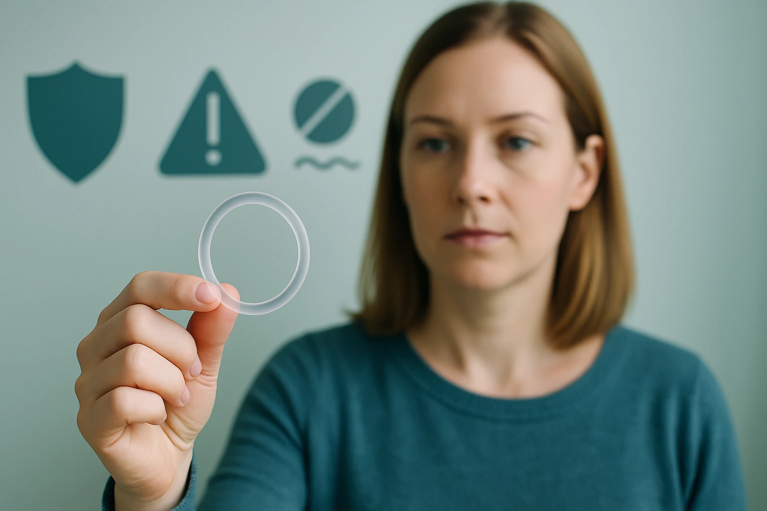 Egy nő egy átlátszó gyűrűt tart a kezében, háttérben figyelmeztető ikonokkal.
