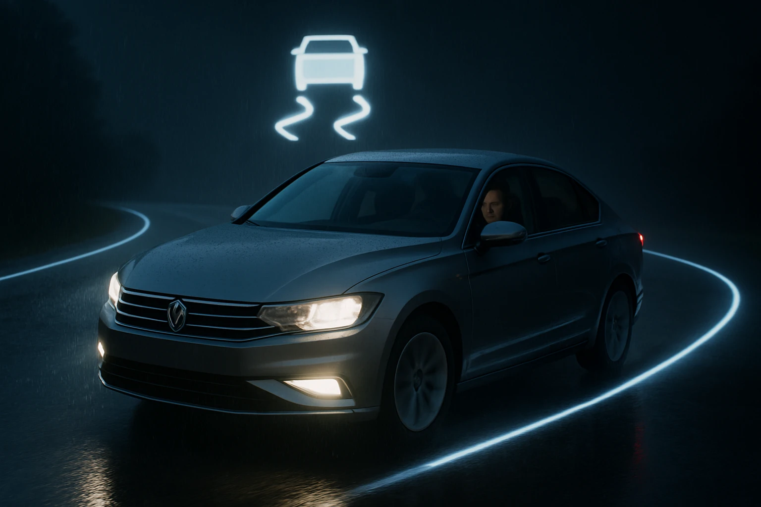 Egy autó kanyarodik esőben, a háttérben fényes autószimbólummal.