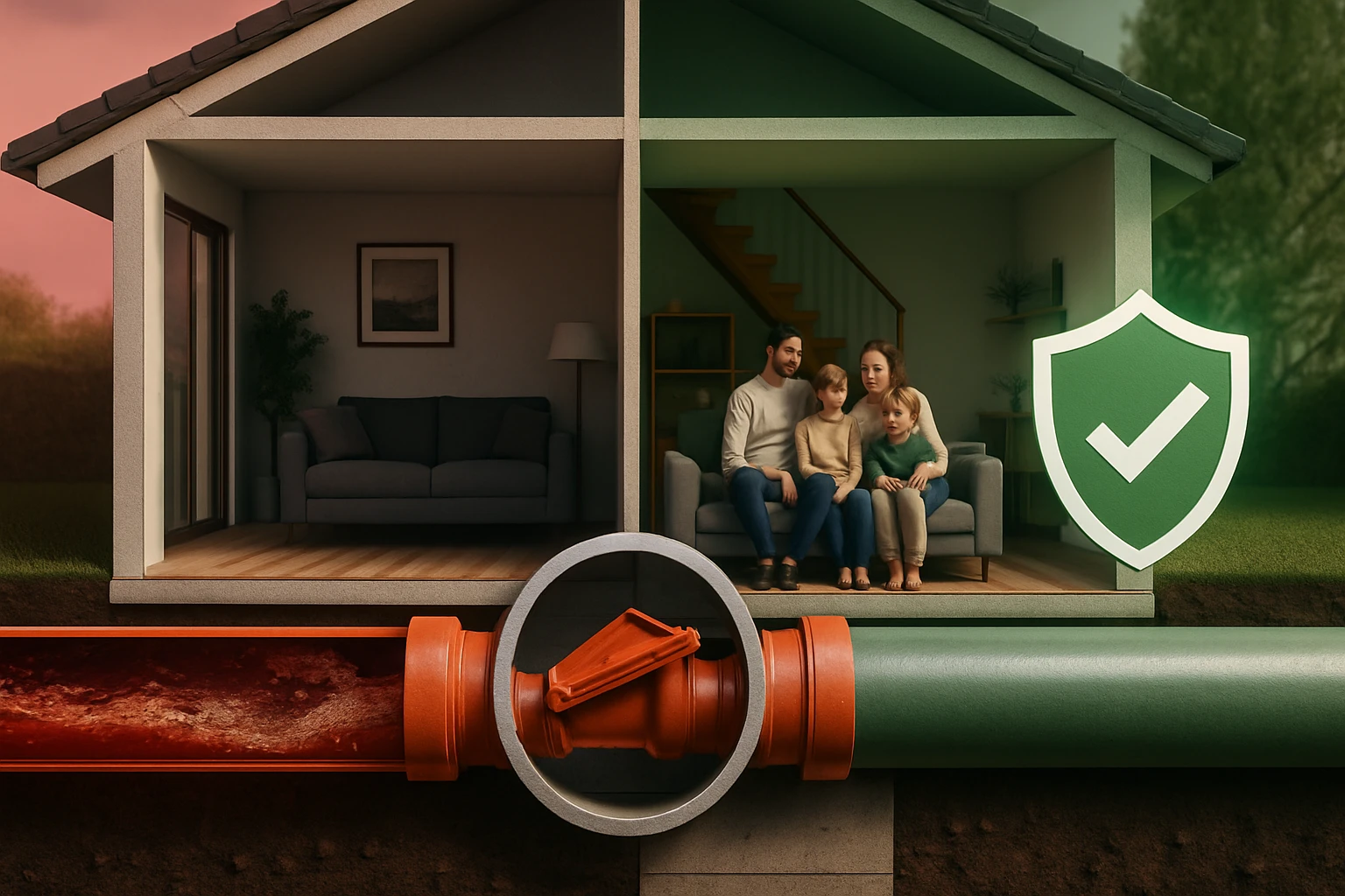 Egy család ül a kanapén a nappaliban, miközben a csővezetékek és egy védelmi jelvény látható a ház alatt.