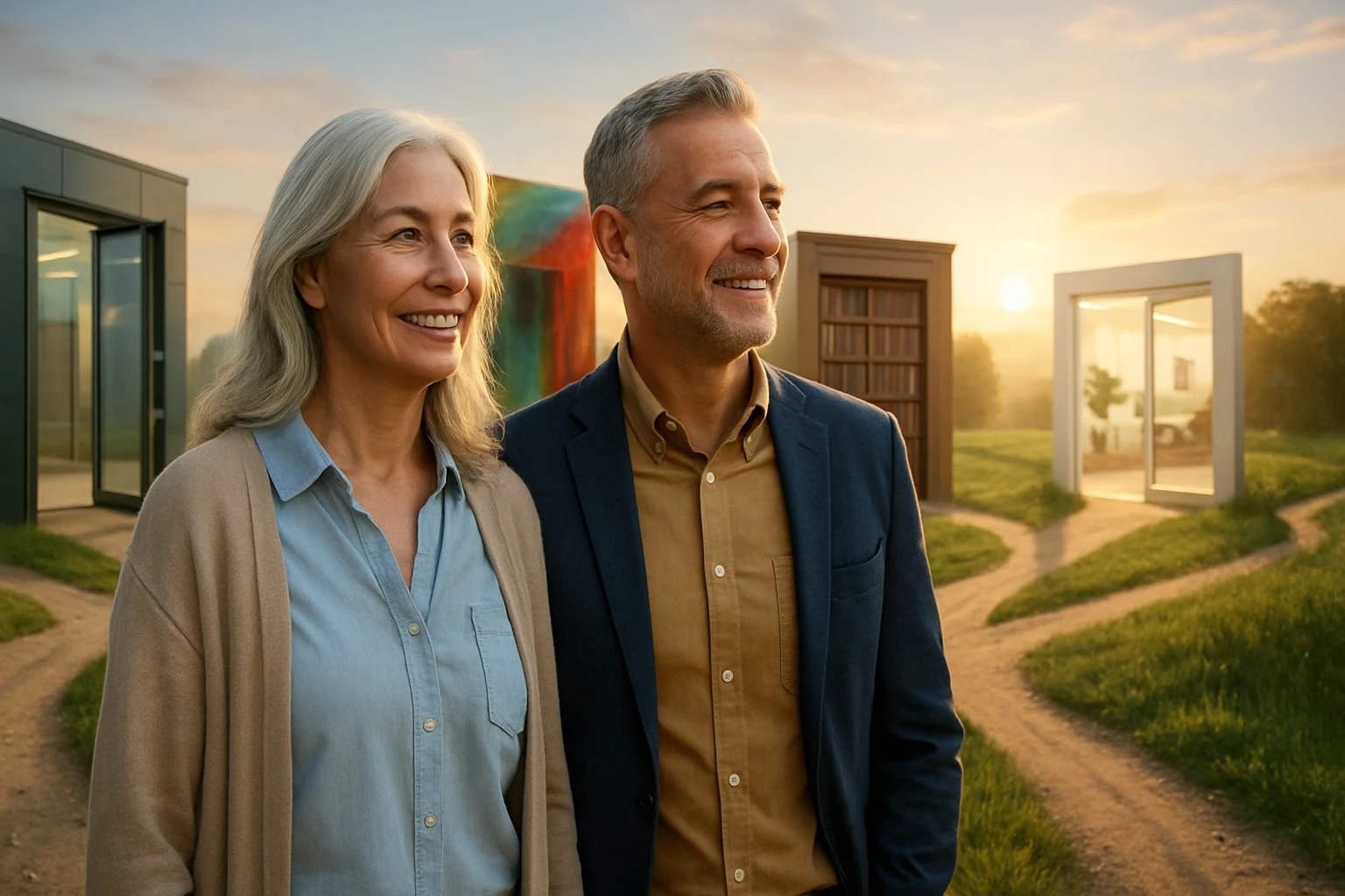 Egy idős pár mosolyogva áll egy zöld mezőn, mögöttük modern épületek láthatók.