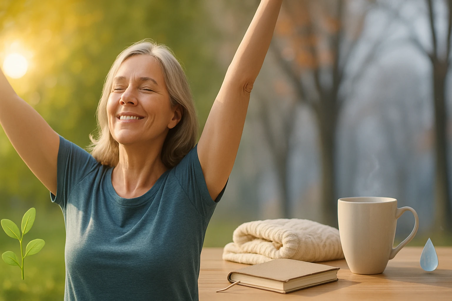 Egy boldog nő a szabadban, karjait a levegőbe emelve, napfényben áll.