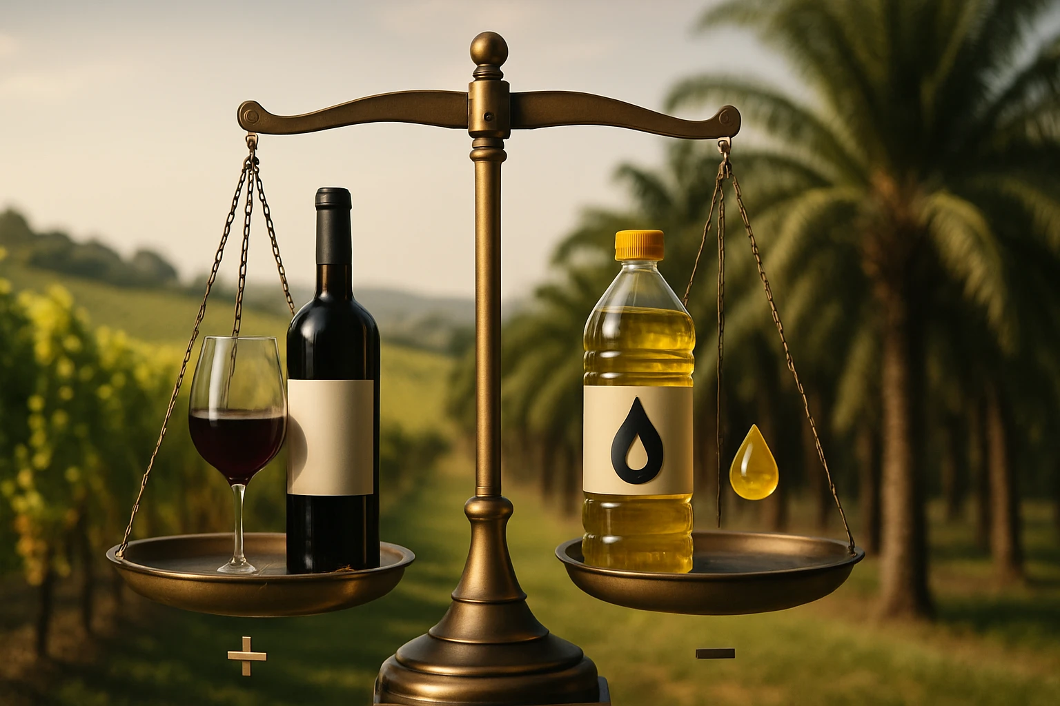 Egy mérleg, bal oldalán vörösborral teli pohár és palack, jobb oldalán olajpalack és csepp.